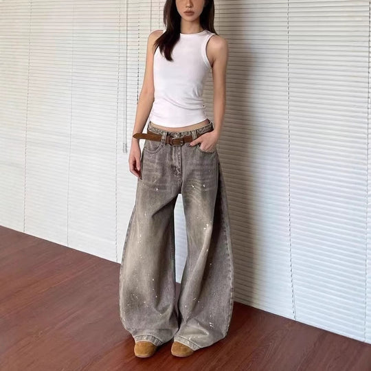 Damen weite Jeanshose im Vintage-Stil mit lässigem Schnitt und kreativen Farbdetails R&B
