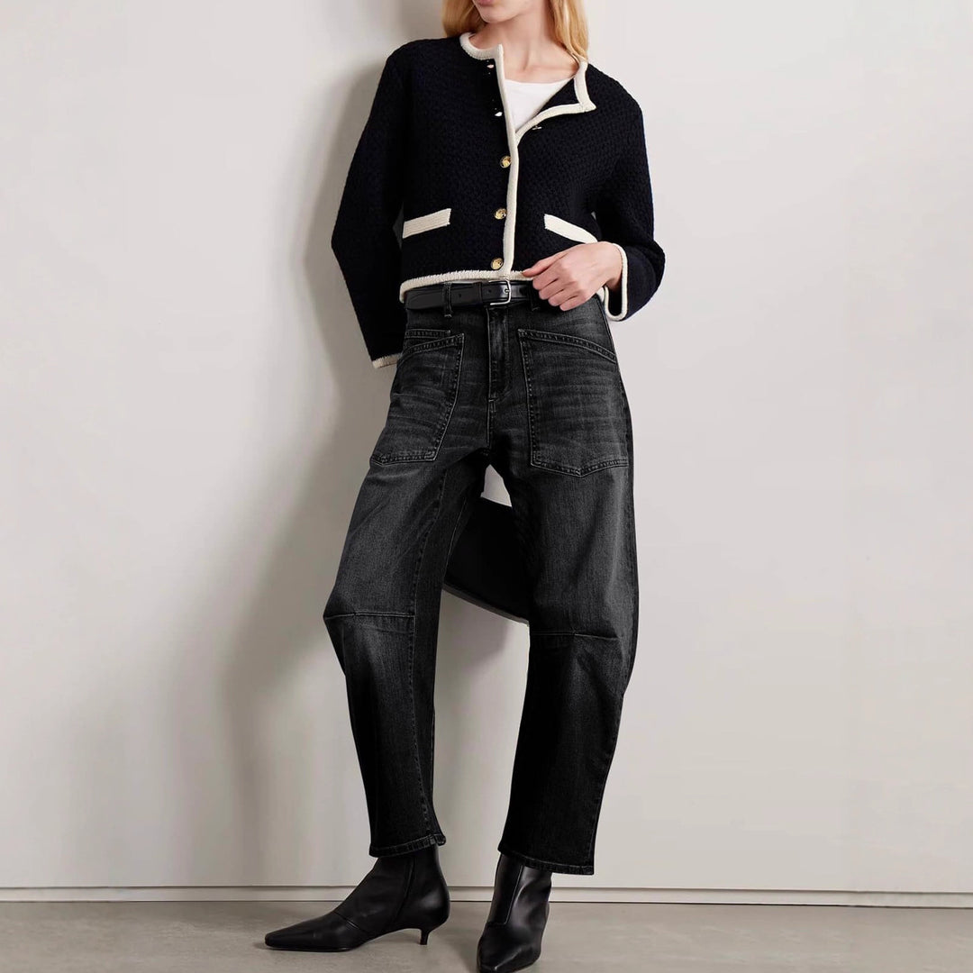 Damen Weite Denim-Hose mit hohem Bund und Taschen