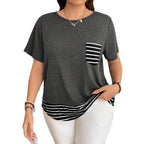 Damen Legeres T-Shirt mit gestreiftem Saum und Brusttasche R&B
