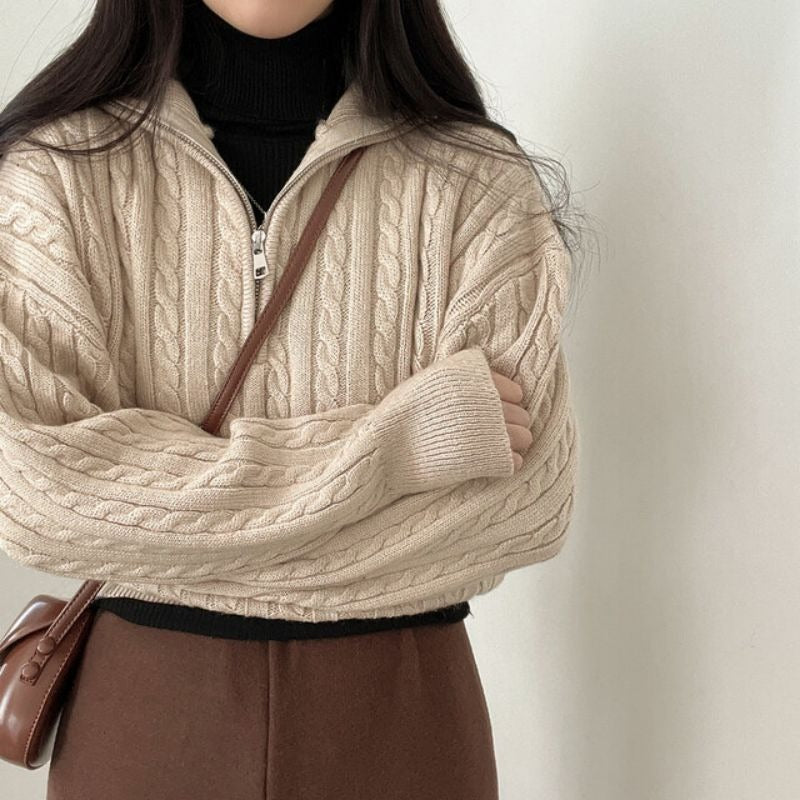 Damen kuscheliger Strickpullover mit hochschließendem Kragen und Zipper R&B