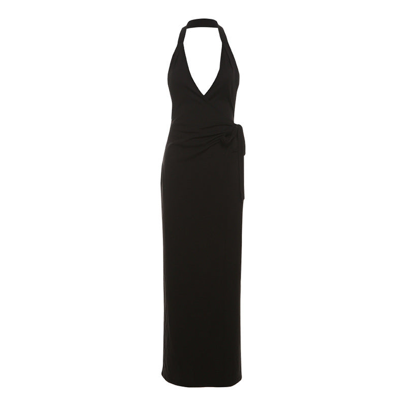Damen Wickelmaxikleid mit tiefem V-Ausschnitt und eleganter Schleifenbindung R&B