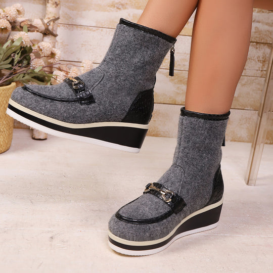 Damen Komfortable Wedge-Stiefeletten aus weichem Wollfilz mit modischem Krokodil-Detail R&B