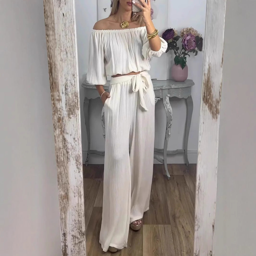 Damen Off-Shoulder Set mit weitem Hosen und taillierbarem Oberteil R&B