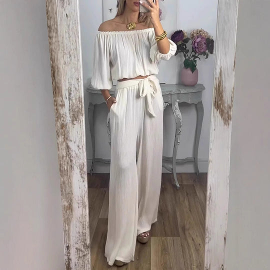 Damen Off-Shoulder Set mit weitem Hosen und taillierbarem Oberteil R&B