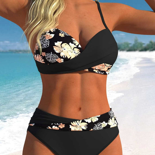 Damen Wickel-Bikini-Set mit floralem Design und hohem Bund R&B