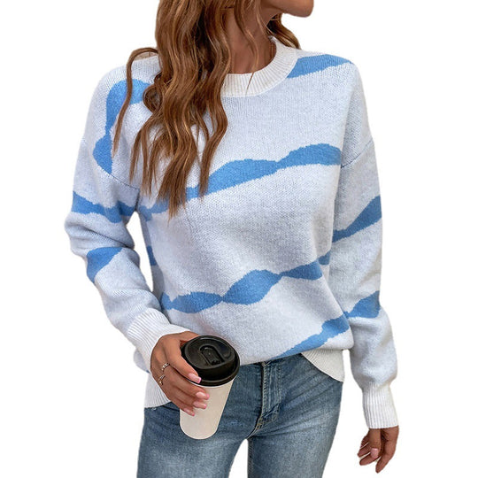 Damen lässiger Pullover mit modernem Wellenmuster und weitem Schnitt R&B
