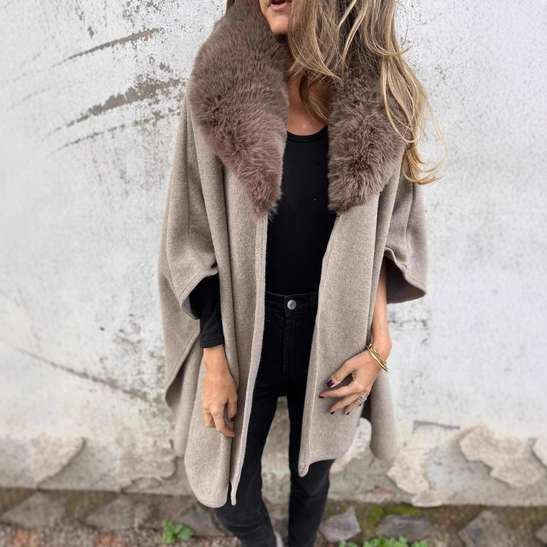 Damen Strickmantel mit luxuriösem Kunstfellkragen R&B