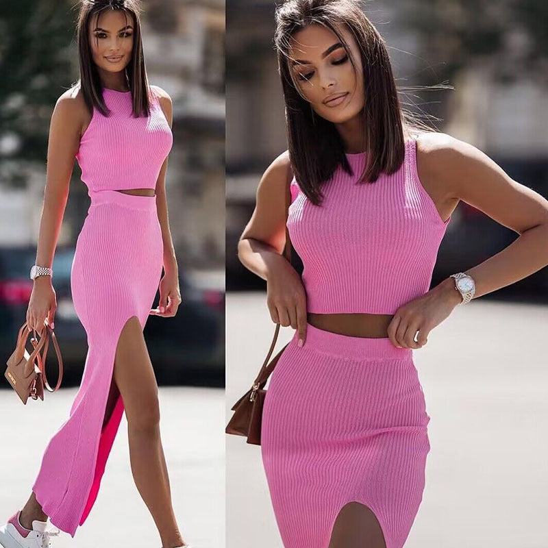 Damen Strick Set mit hohem Ausschnitt und seitlichem Schlitz R&B