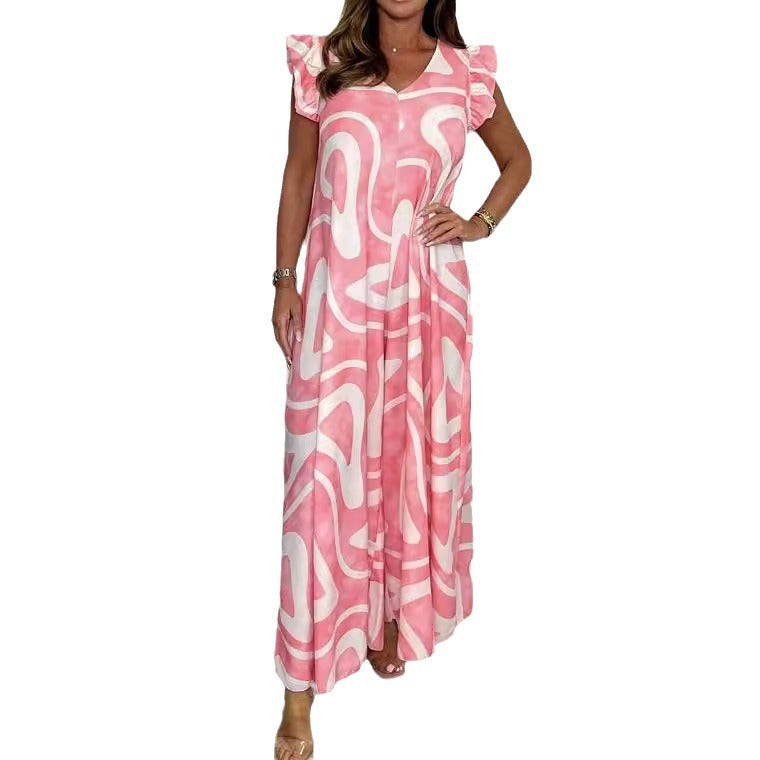 Damen Maxikleid mit kreativem grafischen Muster und Rüschen R&B
