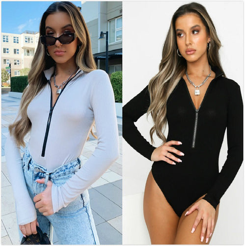 Damen Langärmeliger Body mit durchgehendem Reißverschluss R&B