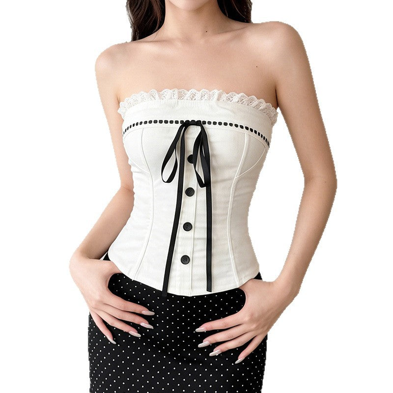 Damen Bustier-Oberteil mit dekorativem Rüschensaum und Knopfdetails R&B
