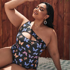 Damen Einseitiger Cut-Out Badeanzug mit floralen Schmetterlingsmotiven R&B