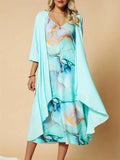 Damen festliches Maxikleid mit künstlerischem Marmormuster und elegantem Überwurf
