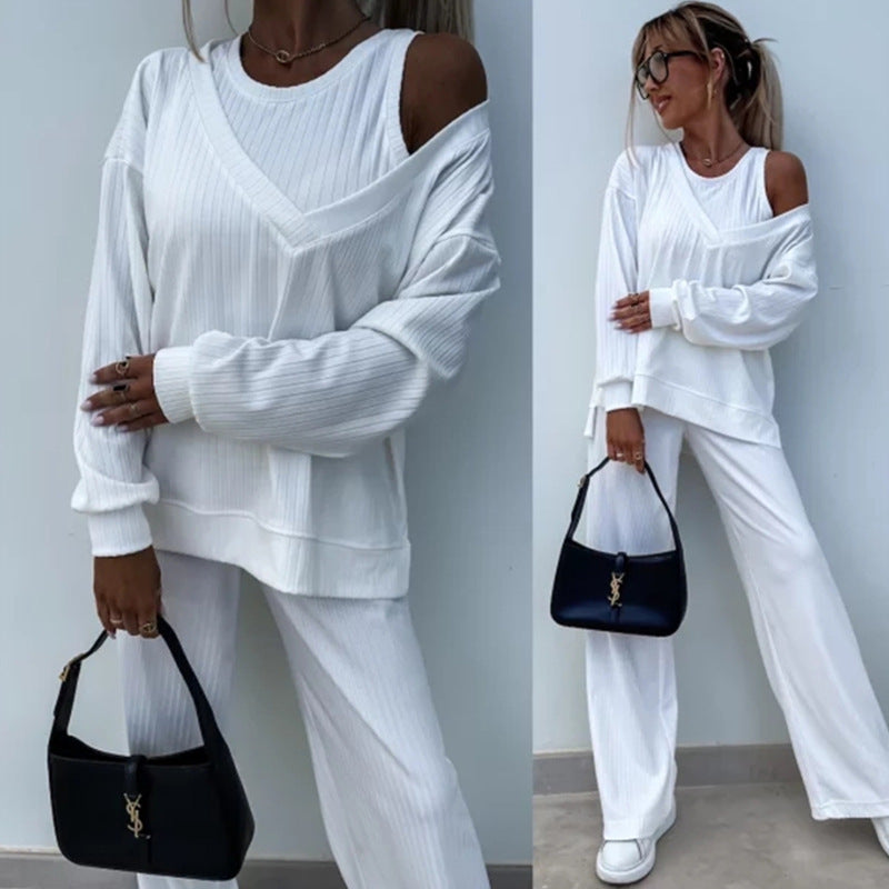Damen nan elegantes Rippstrick-Zweiteiler Lounge-Set mit einseitigem Schulterfreischnitt und weitem Palazzo-Hosenbein R&B