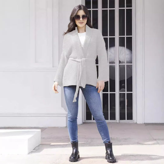 Damen eleganter Strickcardigan mit Gürtel und weichem Material R&B