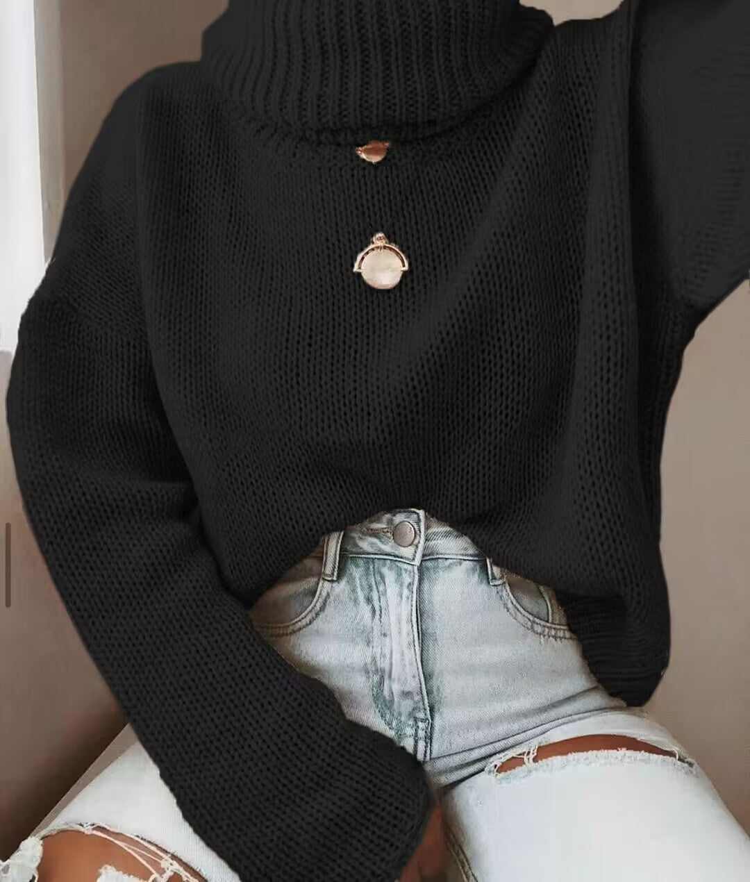 Damen Strickpullover mit hohem Kragen und lässigem Schnitt R&B