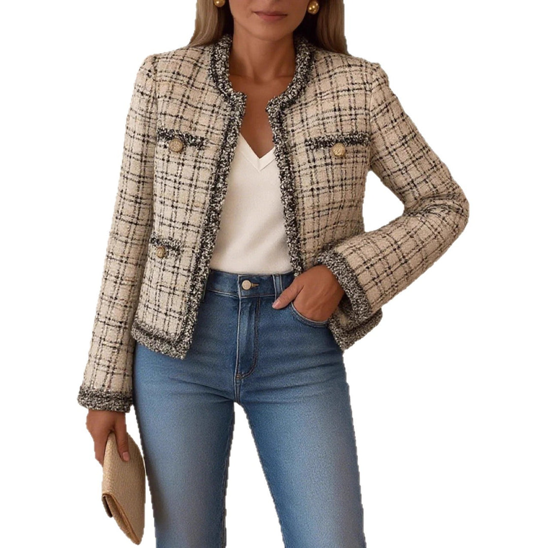 Damen nan kurze Bouclé-Tweedjacke im klassischen Schnitt mit Fransenbesatz und Zierknöpfen R&B