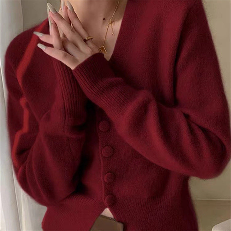 Damen Flauschiger Cardigan mit V-Ausschnitt und dekorativen Knöpfen R&B