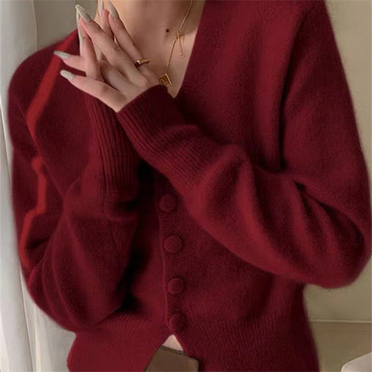 Damen Flauschiger Cardigan mit V-Ausschnitt und dekorativen Knöpfen R&B