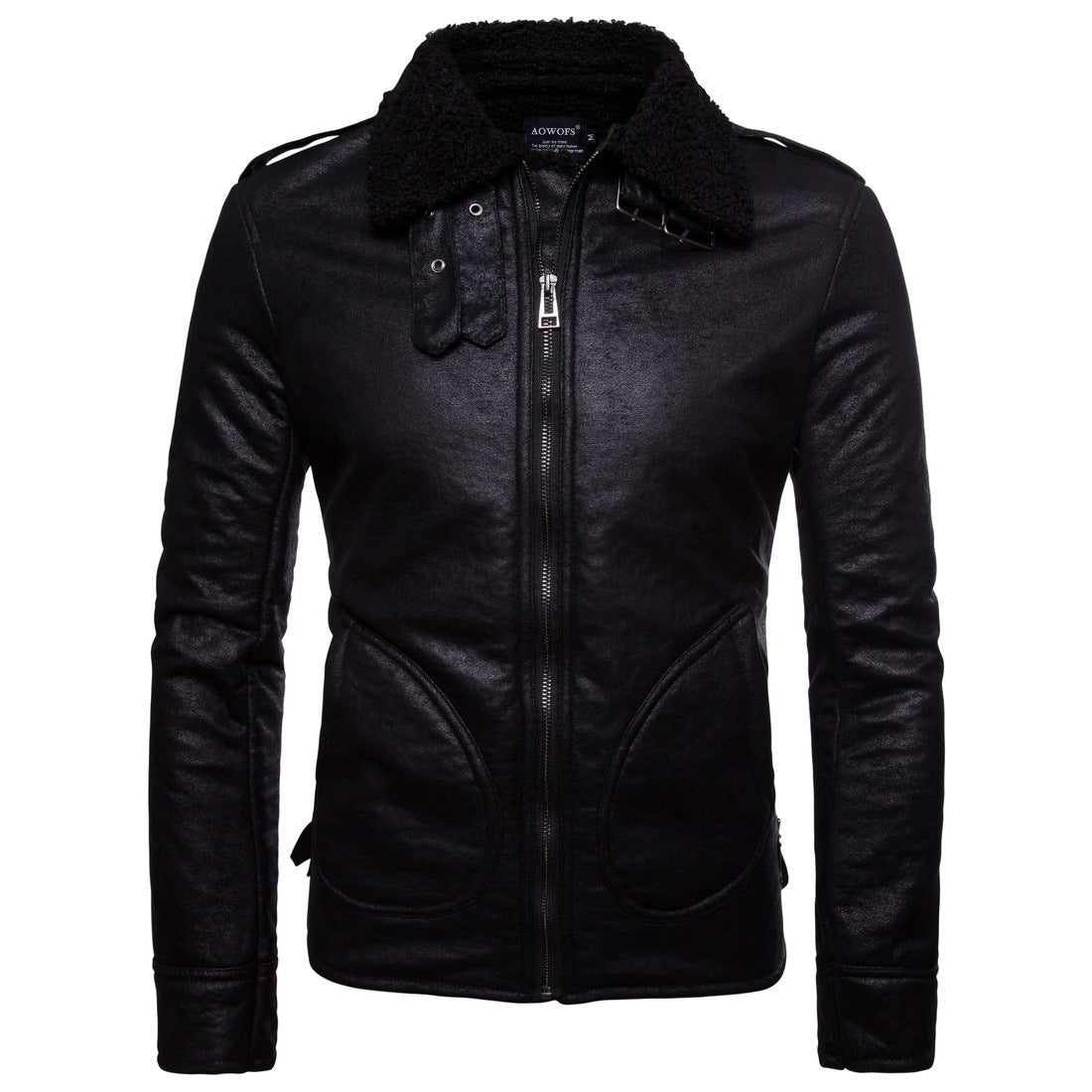 Herren Bikerjacke aus hochwertigem Kunstleder mit weichem Fleecekragen