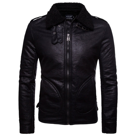Herren Bikerjacke aus hochwertigem Kunstleder mit weichem Fleecekragen R&B