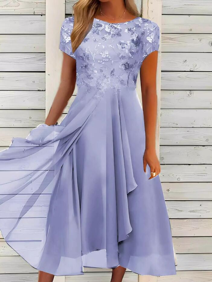 Damen nan fließendes Chiffon-Midikleid mit blumenbesticktem Oberteil und asymmetrischem Stufenrock R&B