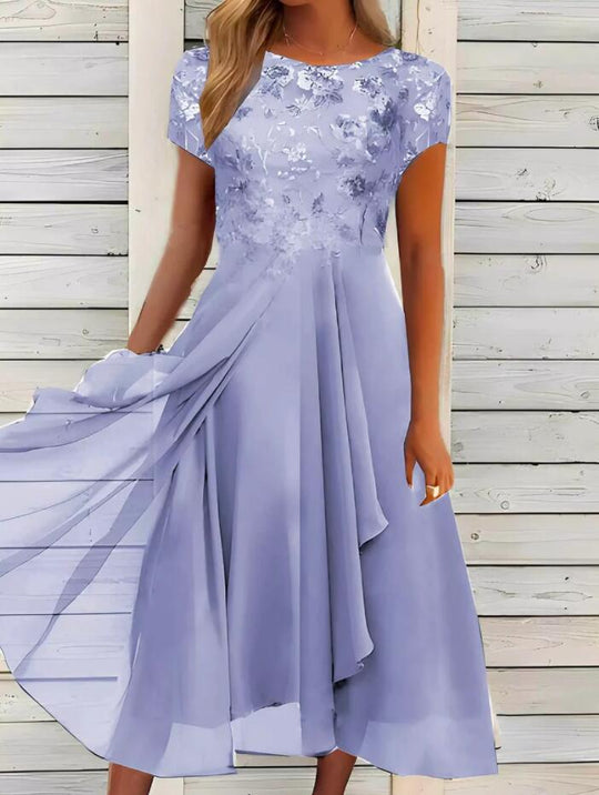 Damen nan elegantes Chiffon-Midikleid mit floraler Spitzenapplikation und fließendem Tellerrock R&B