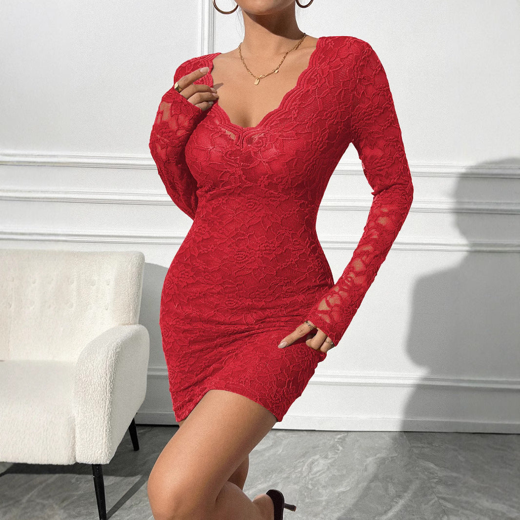 Damen Spitzenkleid mit V-Ausschnitt und langem Arm R&B