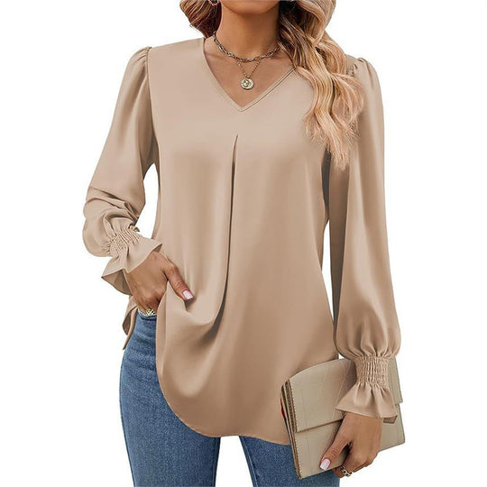 Damen fließende V-Ausschnitt Bluse mit eleganten Puffärmeln R&B