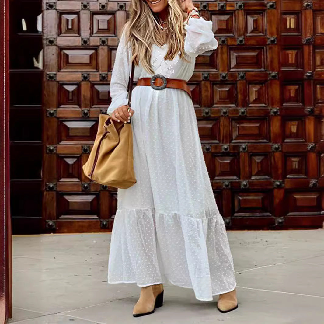 Damen Maxi-Kleid mit transparentem Rüschensaum und eleganter Taillierung R&B