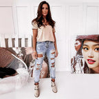 Damen Boyfriend-Jeans mit Destroyed-Details und hohem Komfortbund R&B