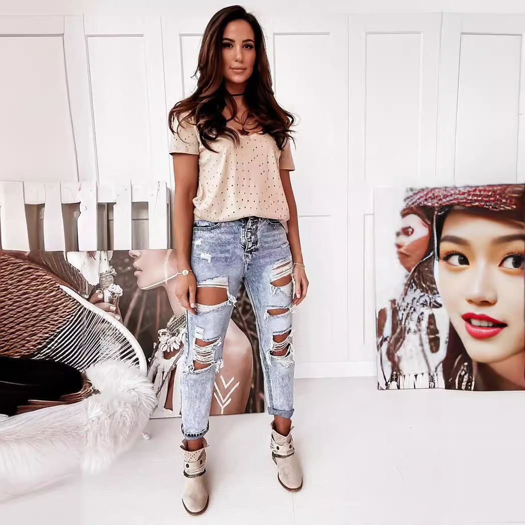 Damen Boyfriend-Jeans mit Destroyed-Details und hohem Komfortbund R&B