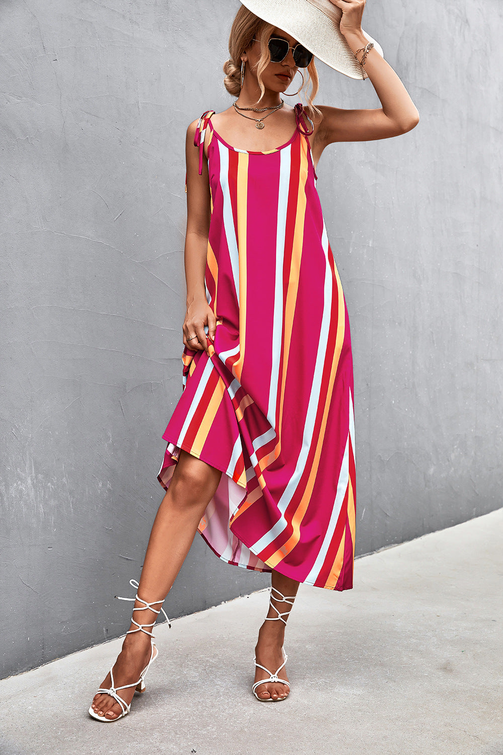 Damen Maxikleid mit modischen Streifen und taillierendem Gürtel R&B