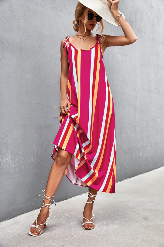 Damen Maxikleid mit modischen Streifen und taillierendem Gürtel R&B