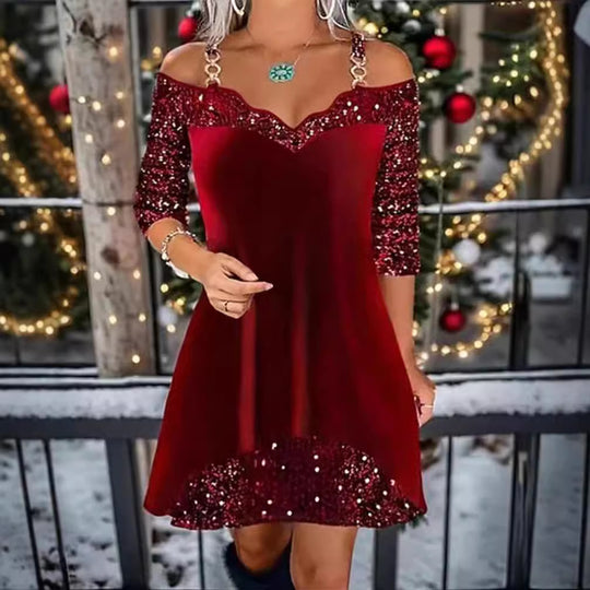 Damen nan schulterfreies Pailletten-Swingkleid mit zierlichen Ketten‑Trägern, halblangen Ärmeln und Volantbesatz R&B