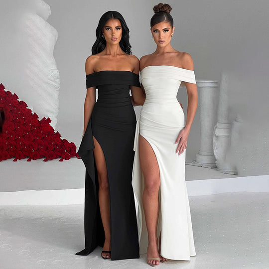 Damen Off-Shoulder Maxikleid mit hohem Schlitz und raffinierten Drapierungen R&B
