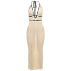 Damen Strick Maxikleid mit tiefem V-Ausschnitt und BindR&Bändern R&B