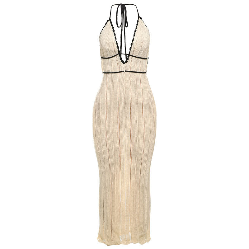 Damen Strick Maxikleid mit tiefem V-Ausschnitt und BindR&Bändern R&B