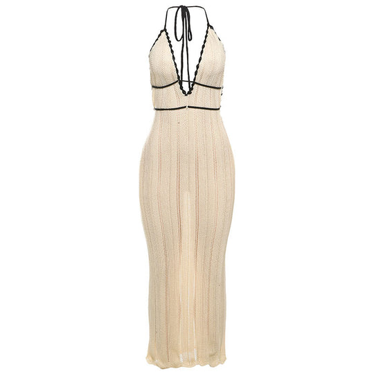 Damen Strick Maxikleid mit tiefem V-Ausschnitt und Bindebändern R&B