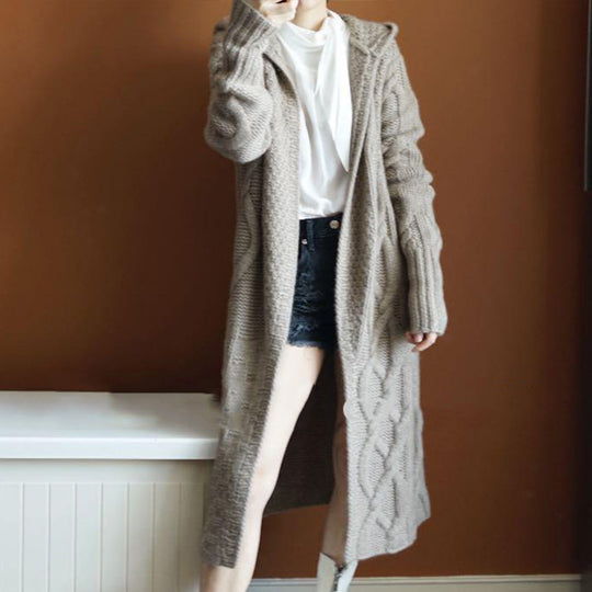 Damen Strickmantel mit Kapuze und strukturiertem Zopfdesign R&B