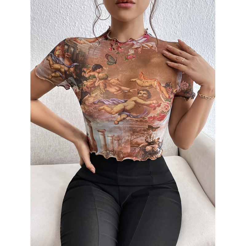 Damen Kurzarmshirt mit kunstvollem Print und modischem Schnitt R&B