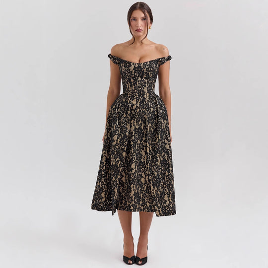 Damen Spitzenkleid mit schulterfreiem Design und elegantem Rock R&B
