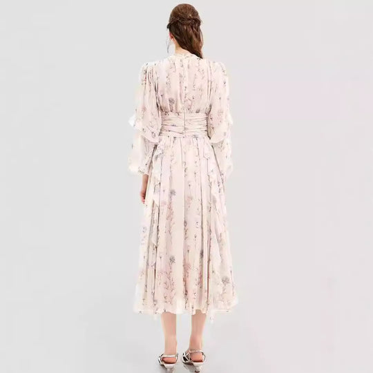 Damen Midi-Kleid mit floralen Stickereien und elegantem Rüschensaum R&B