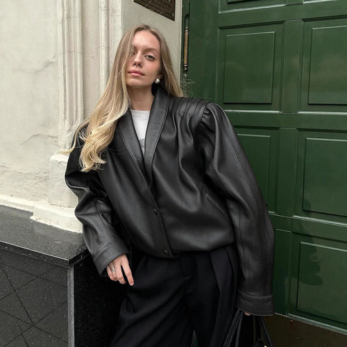 Damen lässige Kunstlederjacke mit voluminösen Ärmeln R&B