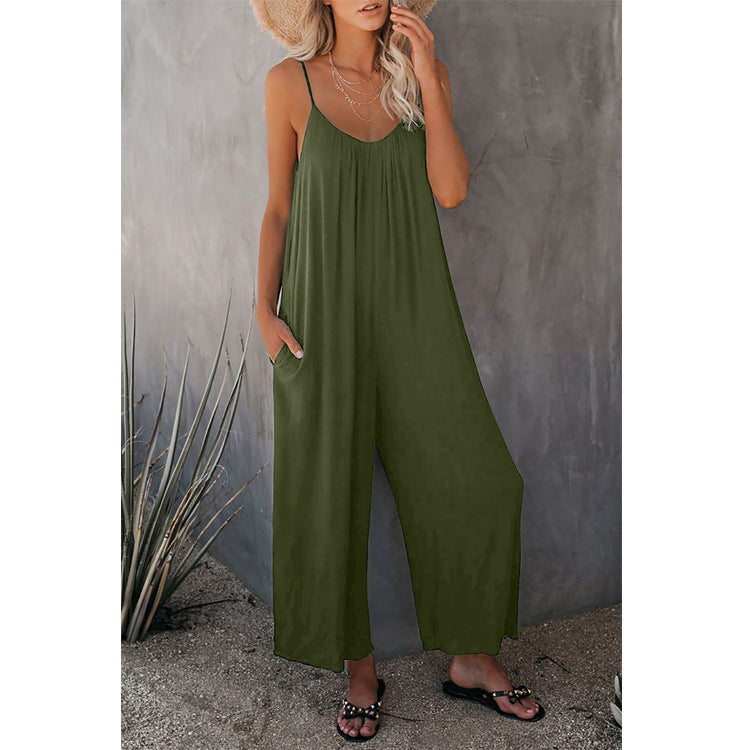 Damen Lässiger Sommer-Jumpsuit mit tiefem Ausschnitt und praktischen Taschen R&B