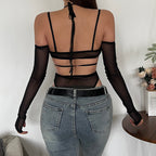 Damen Einteiler Bodysuit mit eleganter Spitzendekoration und transparenter Optik R&B