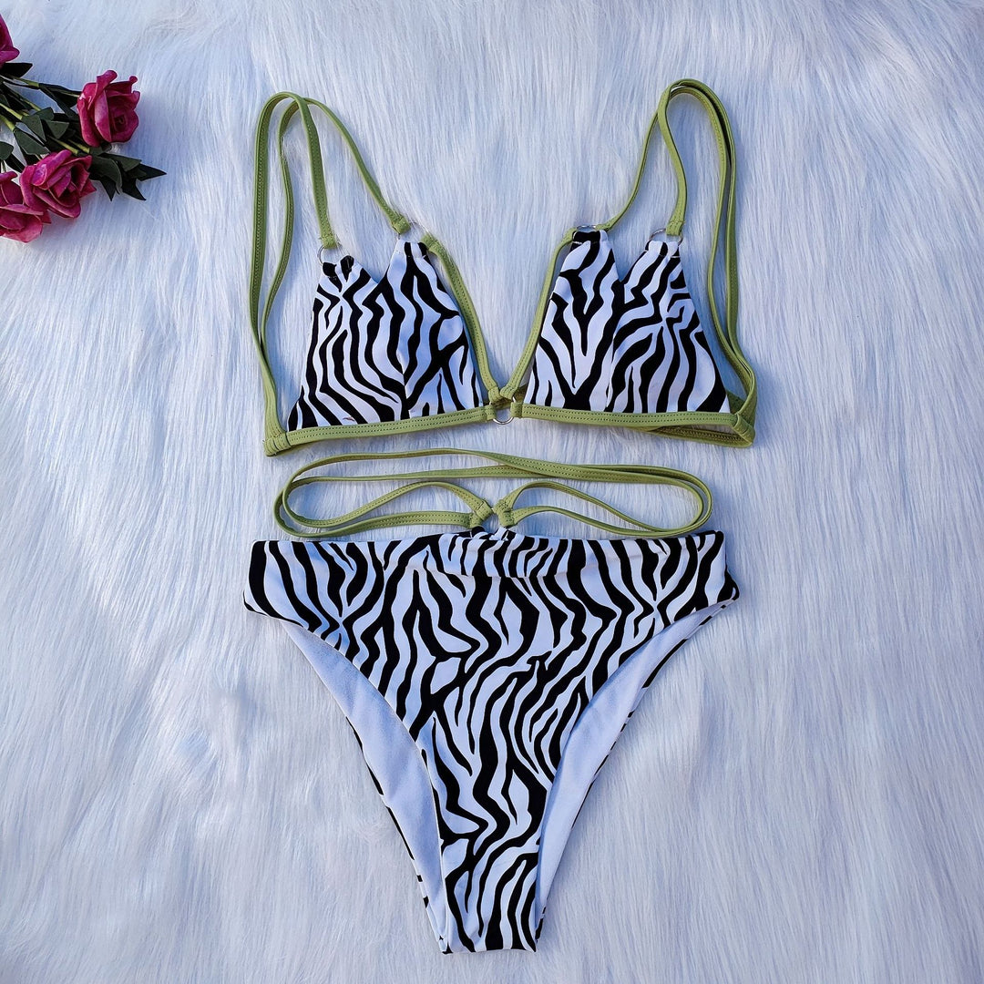 Damen Minimalistisches Triangel-Bikini-Set mit Zebramuster R&B