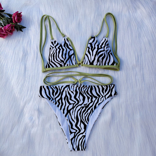 Damen Minimalistisches Triangel-Bikini-Set mit Zebramuster R&B