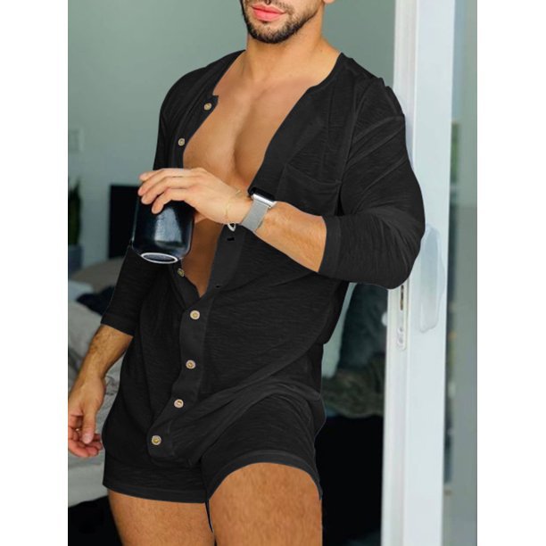 Herren nan komfortabler Kurzoverall mit Rundhalsausschnitt, durchgehender Holzknopfleiste und Brusttasche R&B