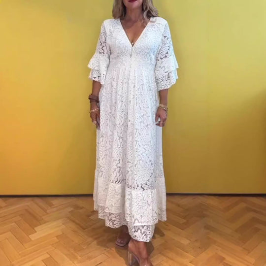 Damen nan Boho-Spitzen-Maxikleid mit V-Ausschnitt, Unterbrustnaht und gestuften Volantärmeln R&B